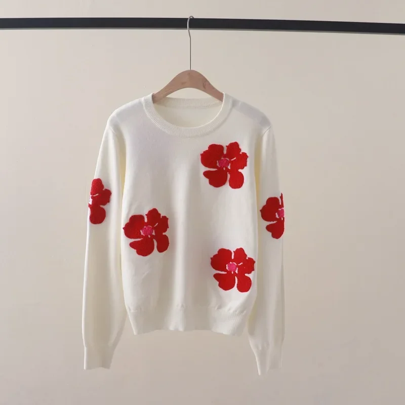 Versatile Floral Embroidered Long Sleeve Pullover Sweater with Flocking for Autumn Winter Outdoor Wear