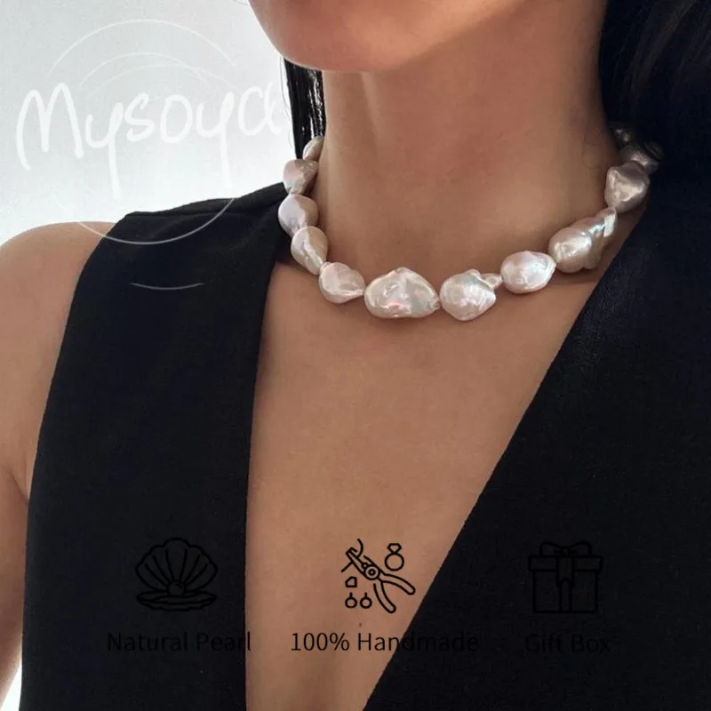 MYSOYA كبير الأبيض الباروك لؤلؤ المياه العذبة قلادة 13-15 مللي متر مع علبة هدية لها/عيد ميلادها/الزفاف/عيد الميلاد/العام الجديد