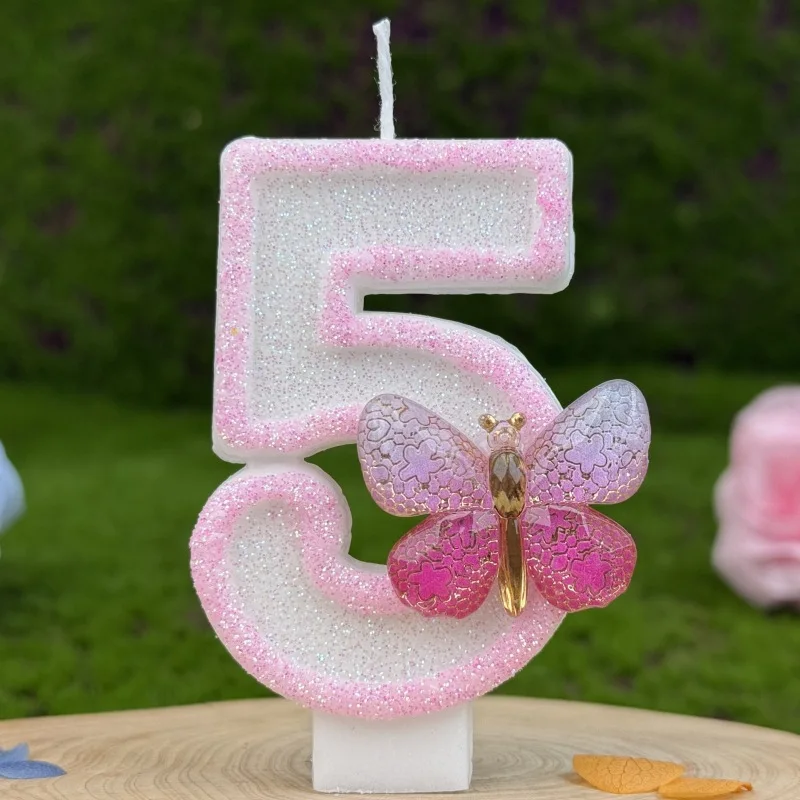 Pink Purple Butterfly Happy 1 2 3 4 5 6 7 8 9 Birthday Party Cake Topper Candle Princess Girls Wedding Dessert Baking Supplies