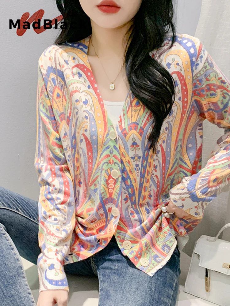 

MadBlack-Women European Clothes Sweaters, Sexy V Neck Print, Workwear Long Sleeve Loose Cardigan Knitwear, 2025 Winter C5D238CC