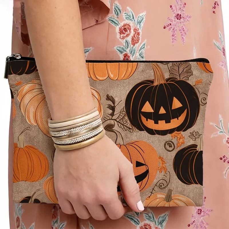 Halloween Pumpkin Makeup Bag Zipper Cosmetic Pouch Vintage Jack O Lantern Print Portable Storage Purse Fall Autumn Holiday Gift