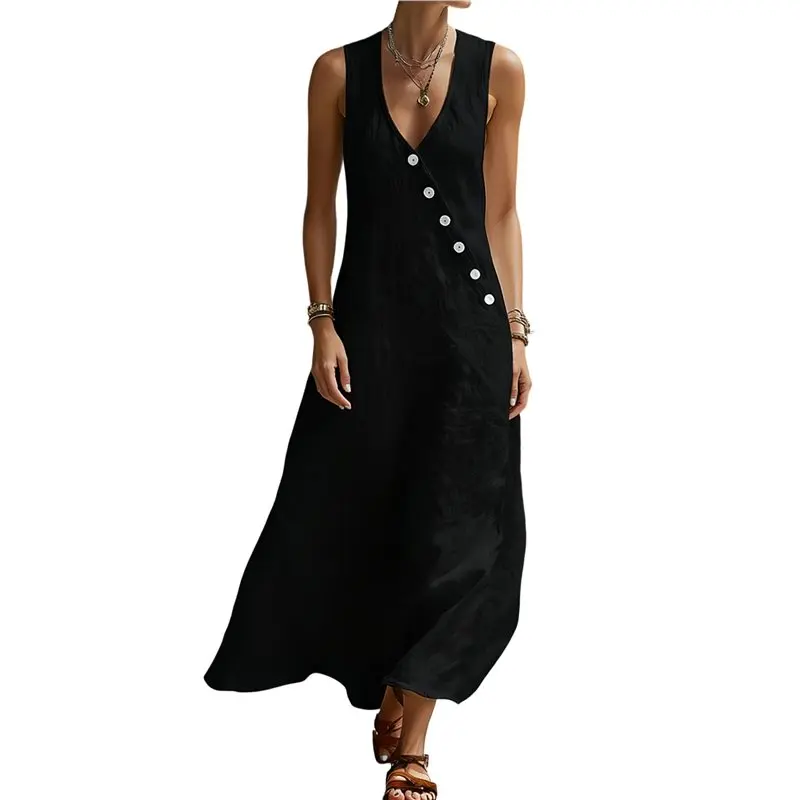 

CYL-Women's Cotton Linen Jumpsuits Sleeveless Wide Legs Button Down Rompers With Pockets