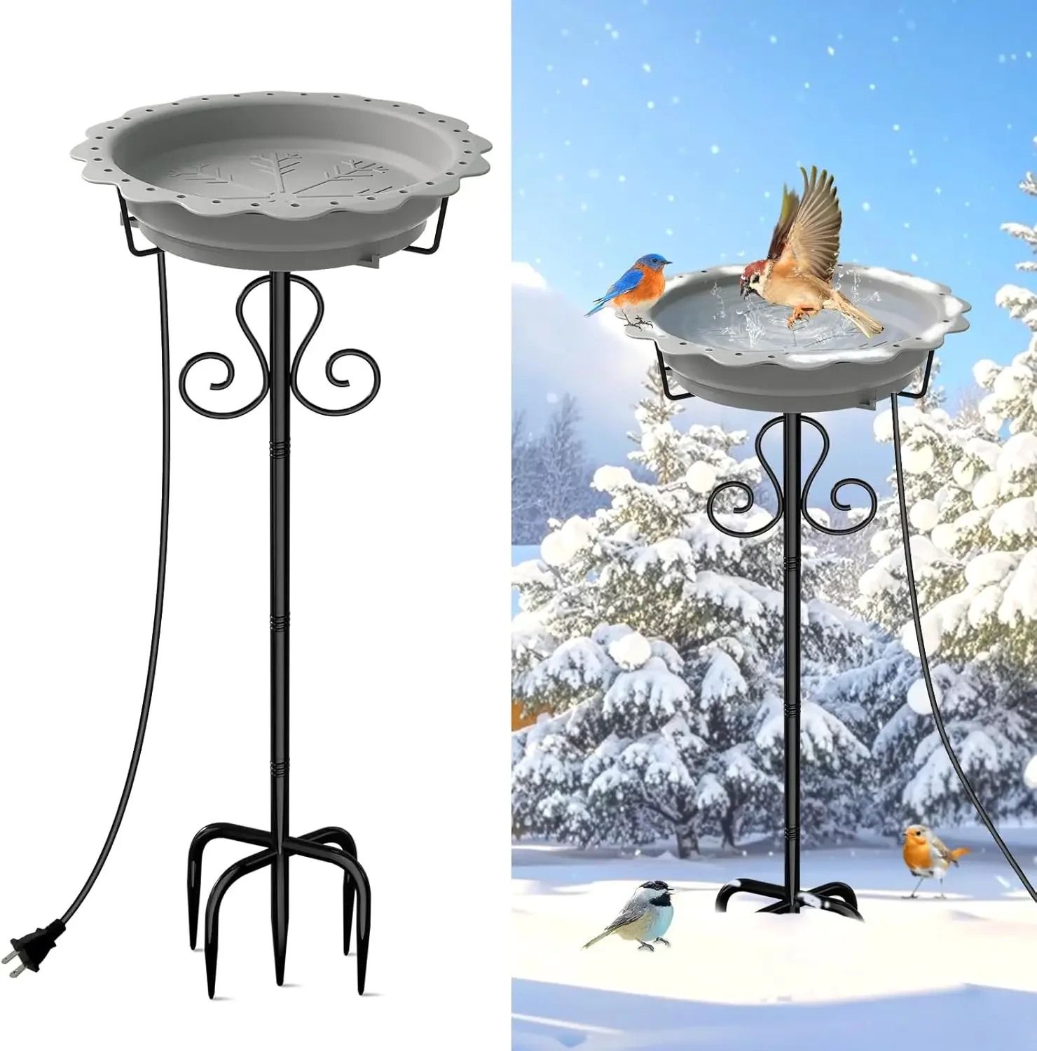 

100W Heated Bird Bath for Winter Outdoors with Thermostat Control, Gray Bowl for Garden Patio Yard