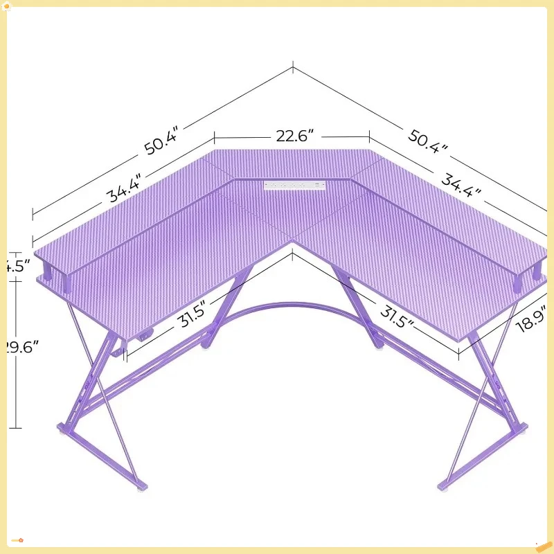 L-Shaped Gaming Desk 50.4" with LED Lights & USB Ports, Carbon Fiber Computer Desk with Monitor Stand for Gamers