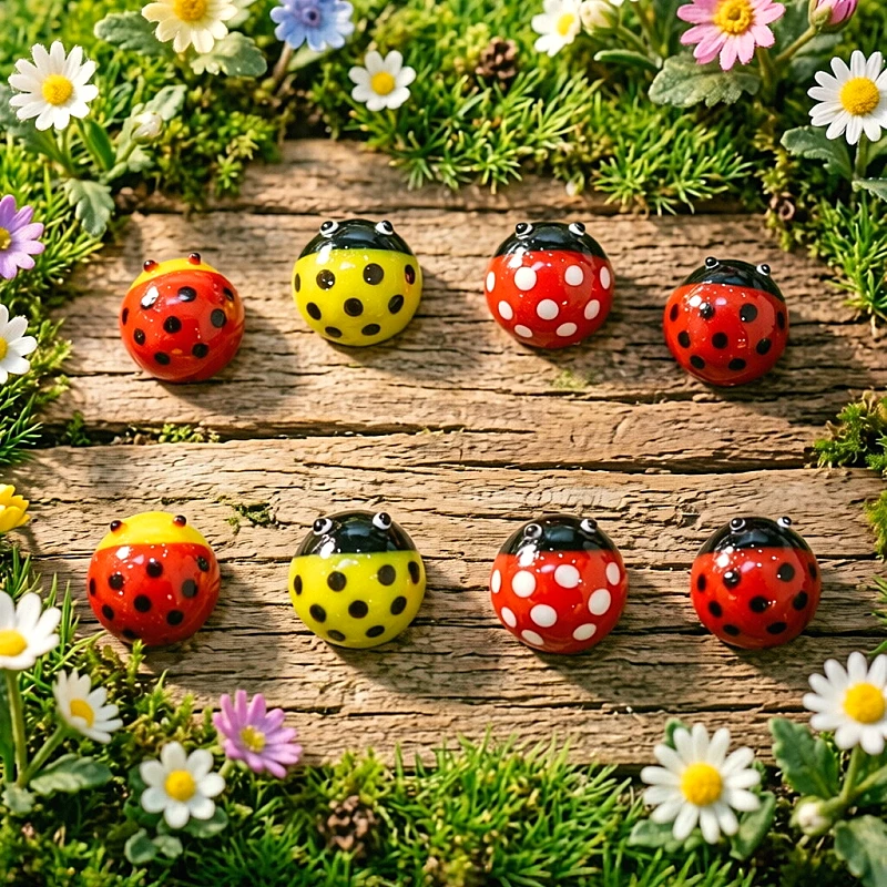 

8pcs Mini Glass Ladybug Figurines Cute Tiny Insect Animal Statue Home Desktop Ornaments Fairy Garden Bonsai Decor Accessories