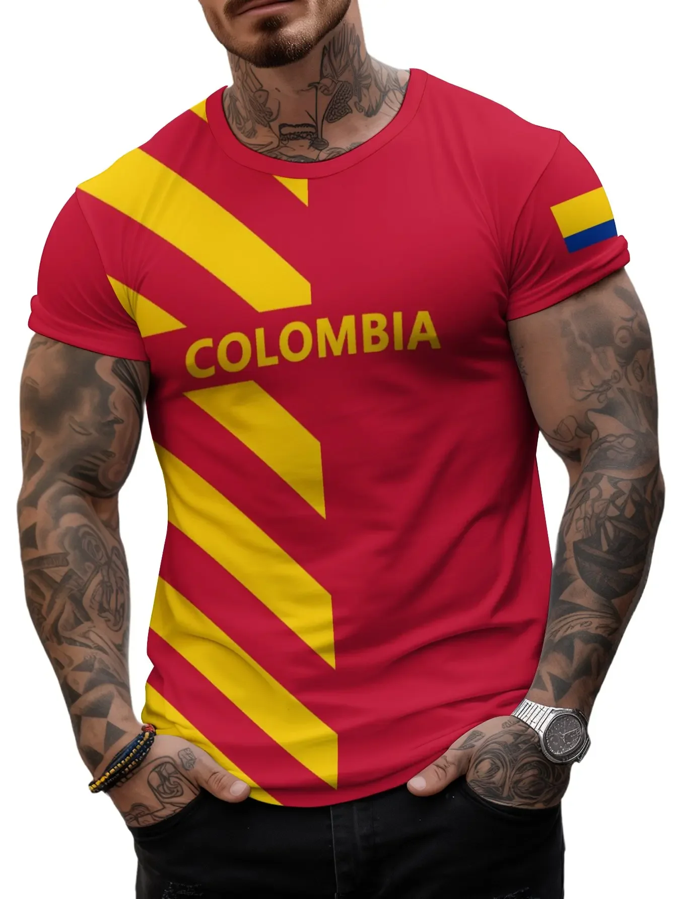 Simple Colombia football jersey 3D printed T-shirt, men\'s summer sports fitness running lightweight breathable quick-drying top