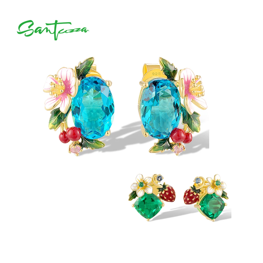 

SANTUZZA 925 Sterling Silver Earrings For Women Sparkling Colored Gems Sweet Style Strawberry Flower Chic Enamel Fine Jewelry