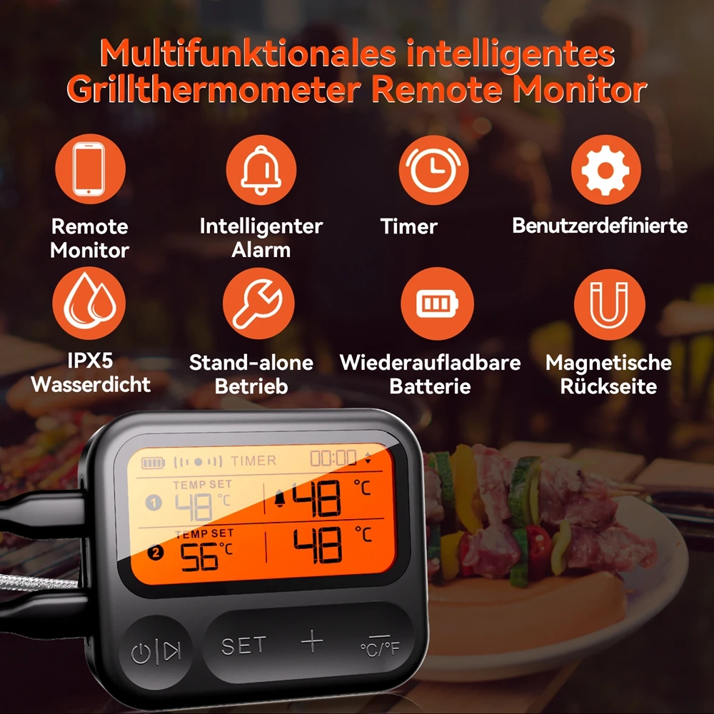 Bluetooth Meat Thermometer IPX5 Waterproof Dual Probes Digital LCD Display for Cooking Oven BBQ Grill Smoker Temperture Monitor