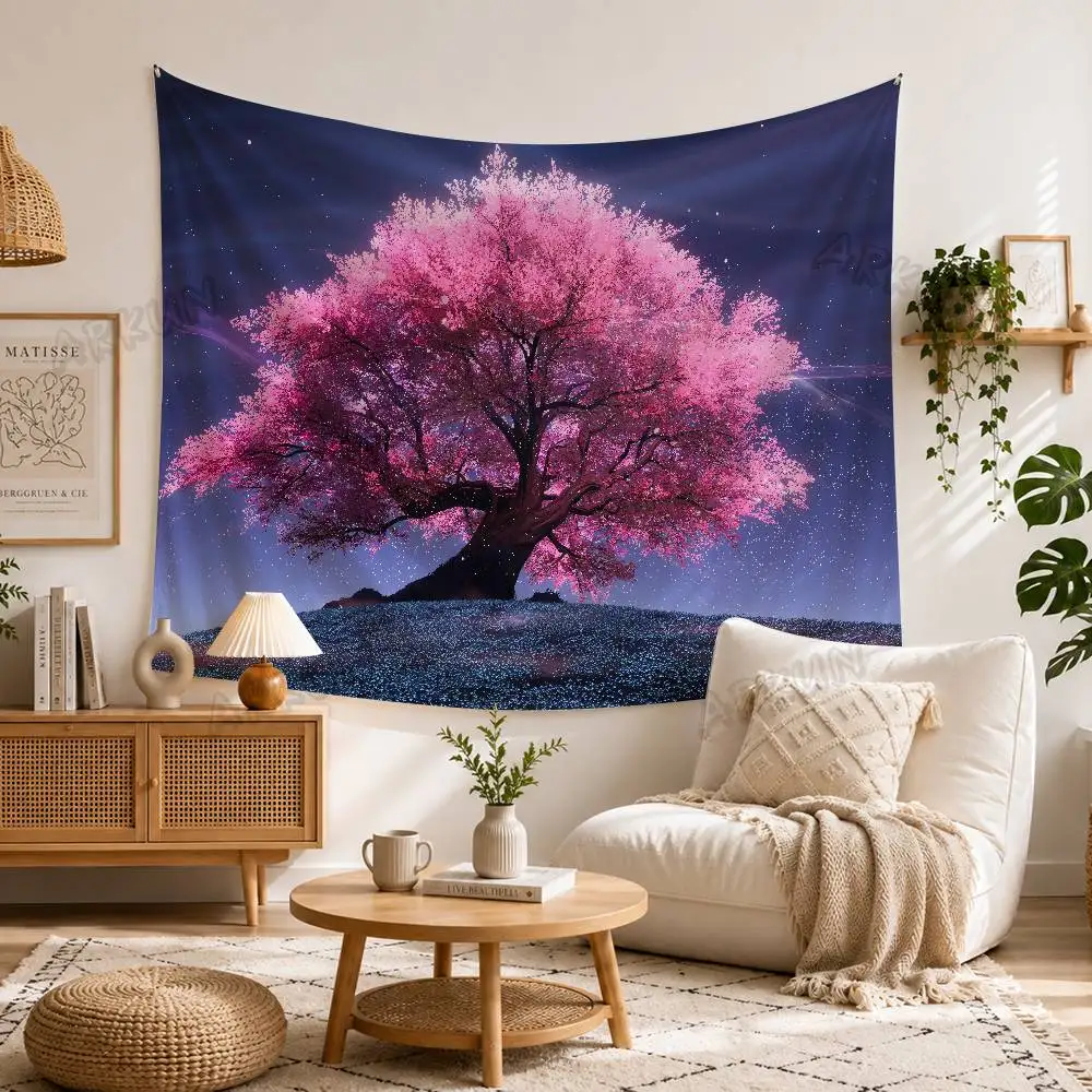 Pink Cherry Blossom Tree Starry Night Tapestry, Magical Purple Sky Crescent Moon Landscape Wall Hanging Scenery Backdrop Decor