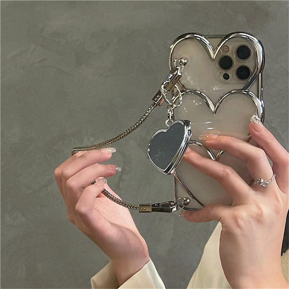 

Роскошный стильный серебряный портативный чехол-браслет с зеркалом в виде сердца любви для iPhone 13, 12, 14, 15, 16 Pro Max 11, эстетический чехол с покрытием Love