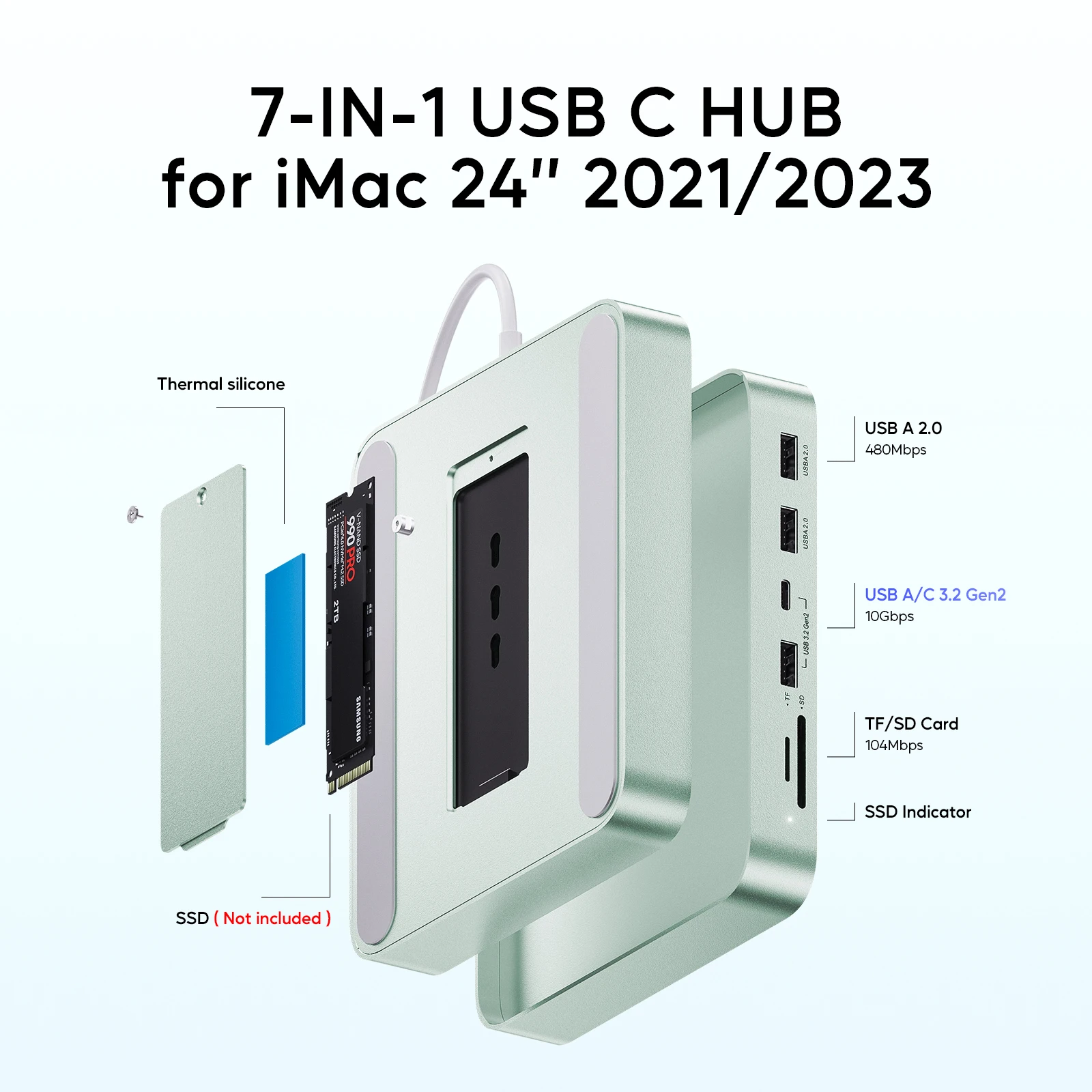 USB C HUB for iMac 24 inch 2021/2023, 7 in 1 iMac Accessories for iMac M1/M3 Support Expand M.2 SSD (Not Included),Green