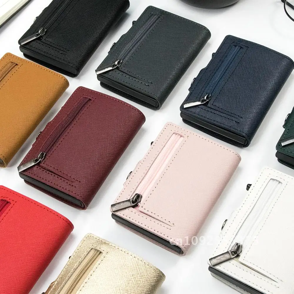 CASEKEY Slim Men Wallet Saffiano Genuine Leather Pop Up Credit Card Holder Billetera RFID Blocking Smart Wallet with Coin Purse