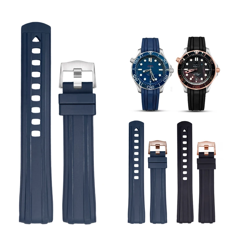 

Резиновый ремешок с изогнутым концом 20 мм для Omega Watchband Seamaster 300 Planet Ocean 600, дизайн для дайвинга, браслет, мягкий браслет синего цвета