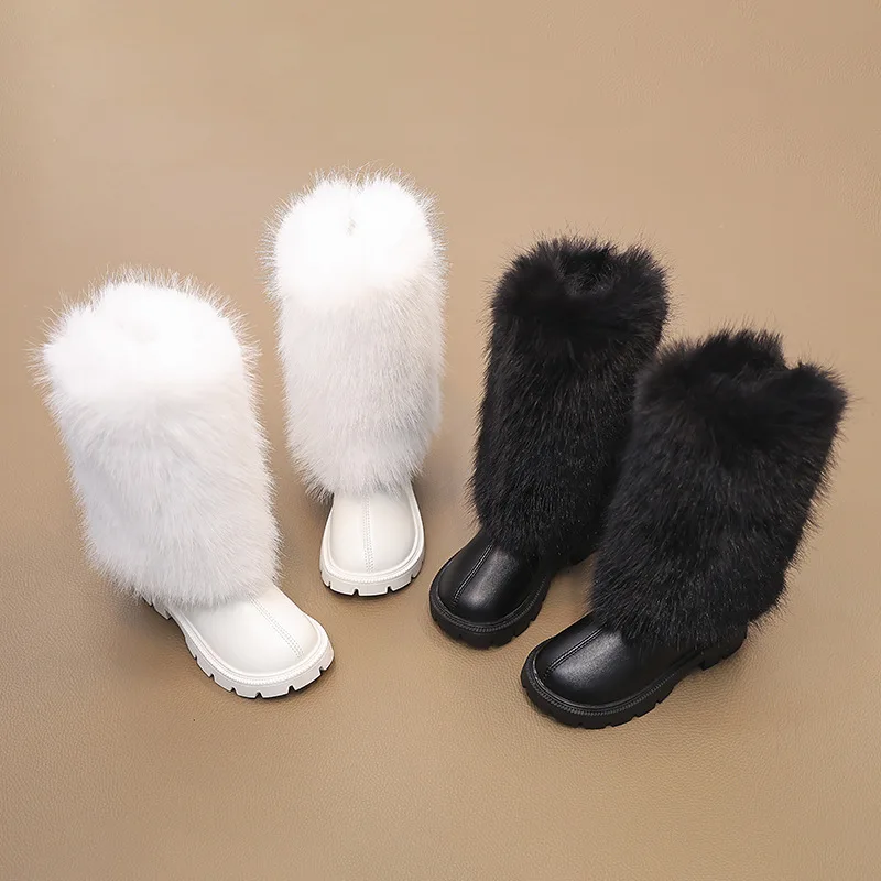 Girls Mid Calf Boots 2025 Autumn/Winter Plush Warm Children Leather Boots Anti-Slippery Waterproof All Match Kids Princess Shoes