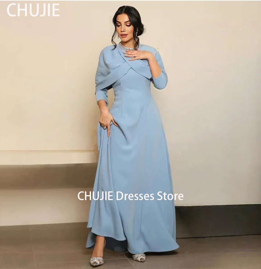 

Dusty Blue Modest Long Sleeve Evening Dresses For Woman Customized Wedding Dress With Crystal Dubai Saudi Arabia فستان المساء