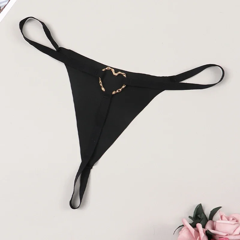 Sexy Lingerie Crotchless Mini G-string Hollow Heart-shaped Metal Buckle Sex Women\'s Underwear Plus Size Panties Erotic Costumes