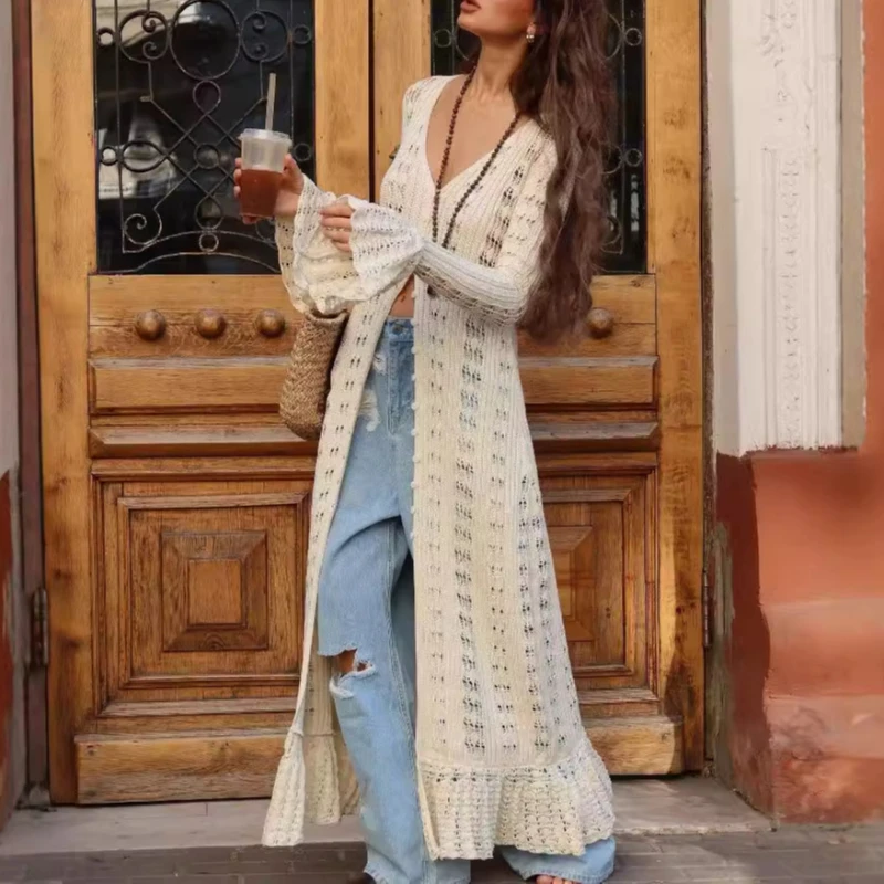 

Design Sense Two Wear Single Breasted Hollowed-Out Crochet Knitted Dress Spring And Autumn Wear Knitted Cardigan Coat For Women