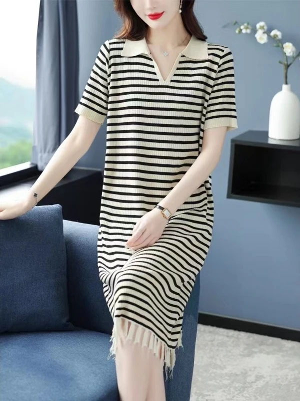 Verano suelto de punto cuello largo Dr mujer Faion diseño rayas A-Line falda fibra de poliéster ort Sve Dr