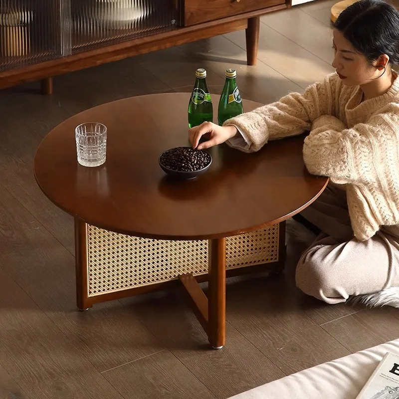 Quiefeng Solid Wood Household Small Apartment Living Room Coffee Table Round Rattan Low Table French Simple Small Tea
