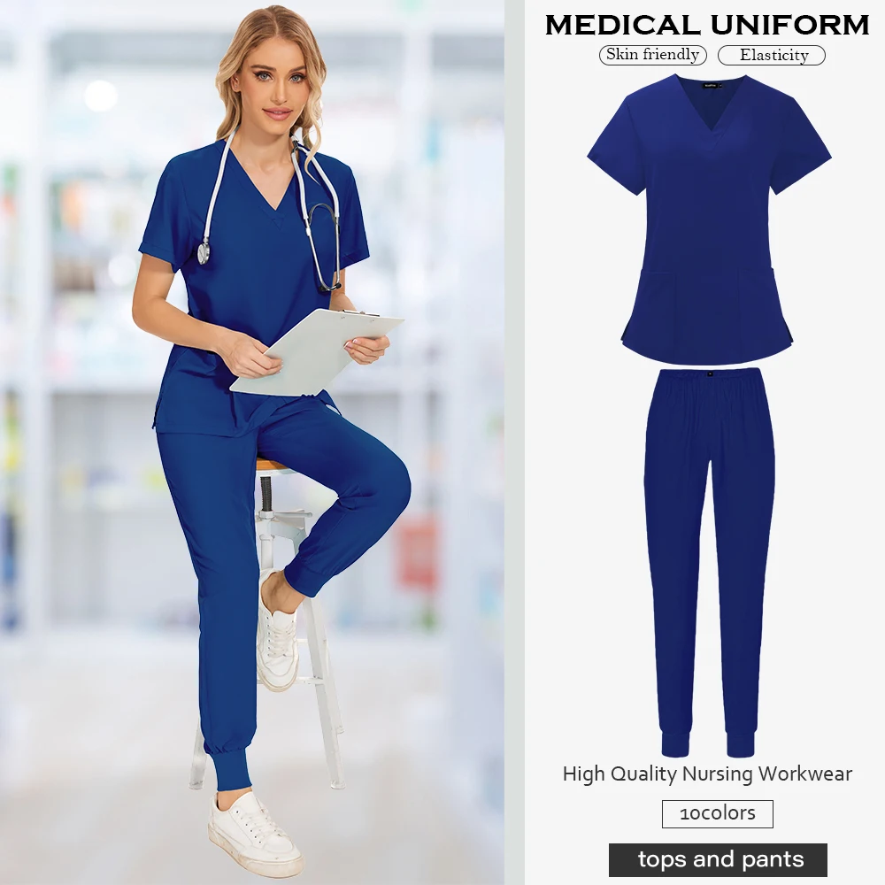 Women with Pocket Scrub Top and Pant Slim Scrubs Nurse Classic Fit Uniform Set Solid Color Dentist Veterinary Surgical Gown Suit