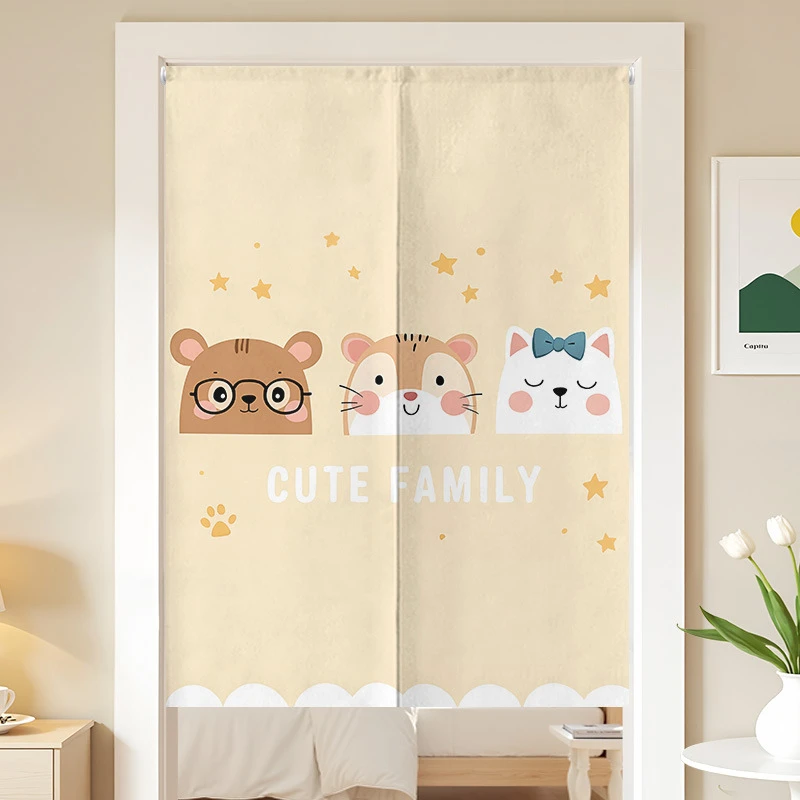 VIKAMA Cute Animal Family Linen Door Curtain, 6 Assorted Designs, Noren Doorway Tapestry for Kitchen Bedroom