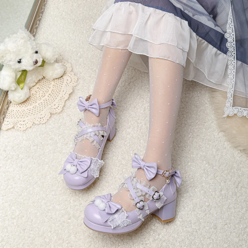 Sweet Lolita Japanese Fluff Ball Bow Jk Cute Cross Strap tacco alto scarpe da studente testa tonda Kawaii Girl Tea Party Cos Loli Pumps