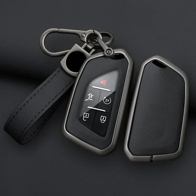 

5 Buttons Zinc Alloy + Leather Car Key Case Cover Fob Holder Shell For Cadillac CT4 CT5 CT4-V C8 Corvette 2020 2021 Escalade