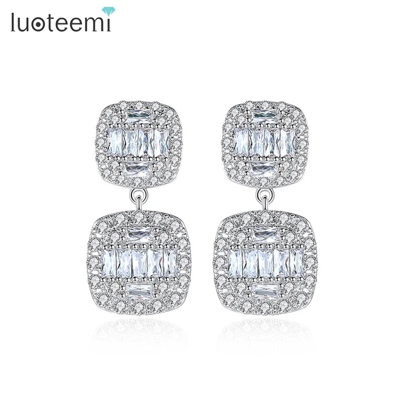 LUOTEEMI Classic Iced Cubic Zirconia Drop Earrings Trendy Square Clear Pendant Dangle Jewelry for Women Girls Fashion Decoration