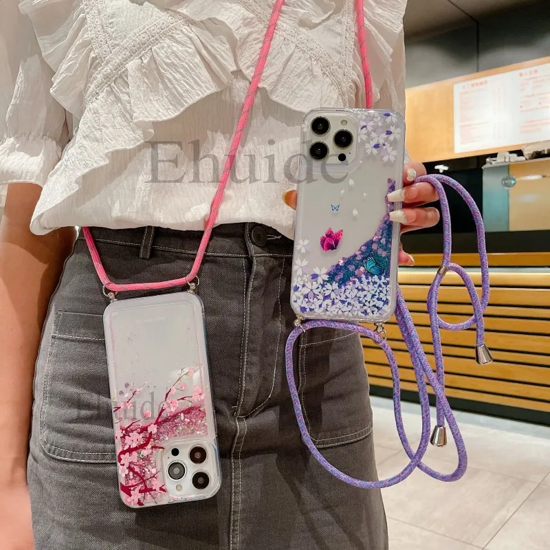 Treibsand-Blumen-Hülle für iPhone 17, 16, 14, 15, 13, 11, Pro Max 12, Mini X Plus 16E, transparenter Riemen, flüssiger Glitzer, Umhängeband-Abdeckung – Detail 7