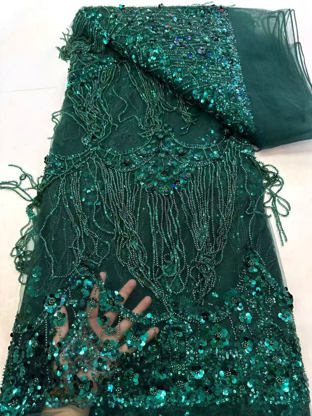 Luxury Tassels African Beaded Lace Fabric 2026 High-Quality Nigerian Sequins Lace Fabric for Women's Evening Wedding Dress