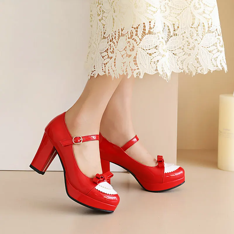 Bright Yellow Purple Closed Toe Pink Girls Cosplay Lolita Shoes Patchwork Bowtie Knot Design Cute Women Mary Janes Pumps Heels