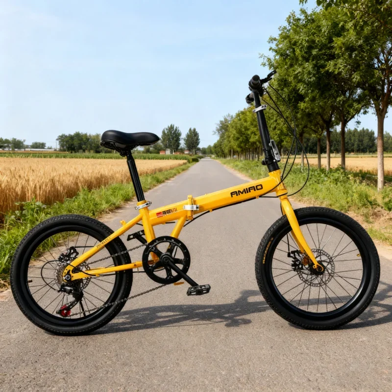 Scooter mobile a velocità variabile con freno a disco portatile da 20 pollici per bicicletta pieghevole per adulti con ruota a raggi gialli