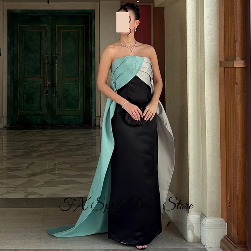 ファッションストラップレスノースリーブホームカミングドレスモダンなコントラストカラーイブニングドレス高品質スイープトレインパーティードレス