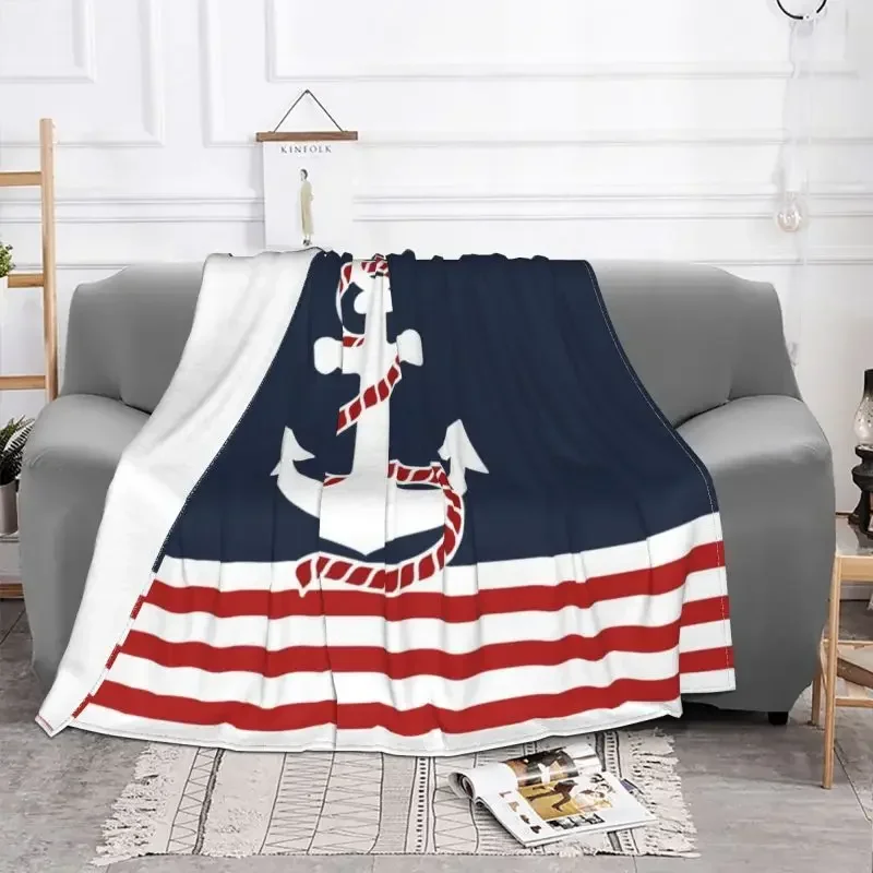 Nautical Stripes And Red Anchor Blankets Comfortable Soft Flannel Sprint Sailing Sailor Throw Blanket for Sofa Office Bed