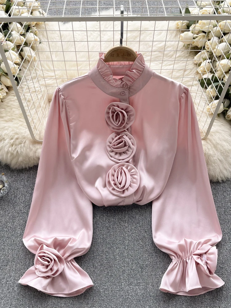 French Vintage Blouse Women 3D Flower Ruffled Standing Collar Shirt Spring Autumn Korean Trumpet Sleeve Shirt Tops X892