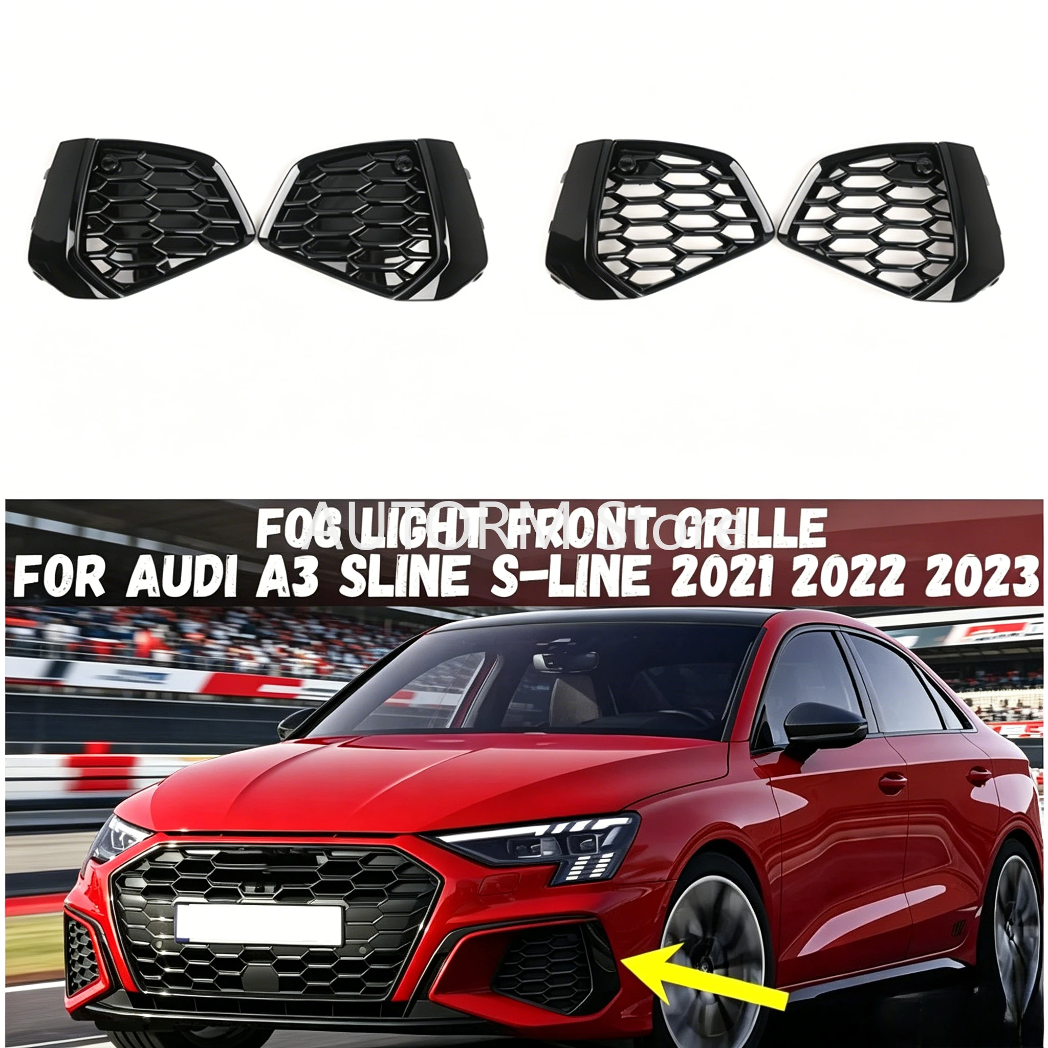

For Audi A3 Sedan 8Y S-line 2020 2021 2022 2023 Fog Light Lamp Cover HONEYCOMB HEX Front Grille Grill 8YG807671A ,8YG807672A