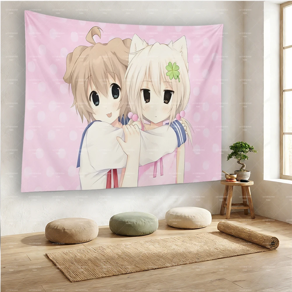 Kawaii Wandteppich mit Katzen- und Hundeohren für Mädchen, rosa gepunkteter Anime-Wandbehang für Schlafzimmer- und Wohnheimdekoration – Detail 3