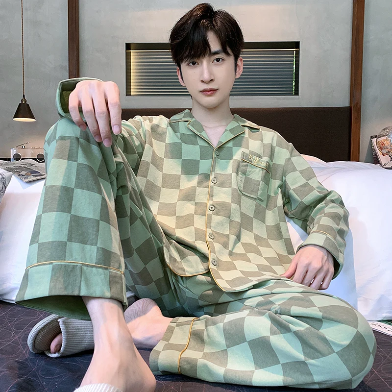 남성용 녹색 격자 무늬 잠옷 세트, 긴팔 긴 바지, 아늑한 잠옷, 소년 잠옷, 남성 나이트 캐주얼 PJS 소프트, 가을 겨울