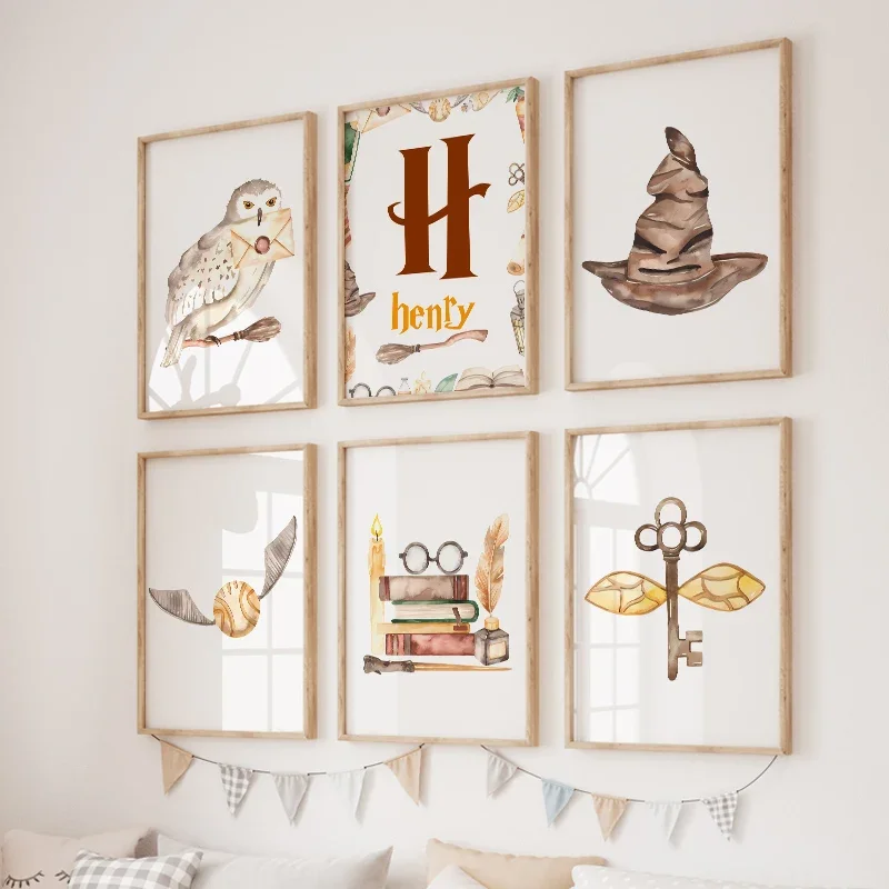 Wizard Magic Nursery Wall Art Owl Cat Broom Custom Name Boy Girl Painting Printable Poster Pictures Baby Kids Room Decor Gift