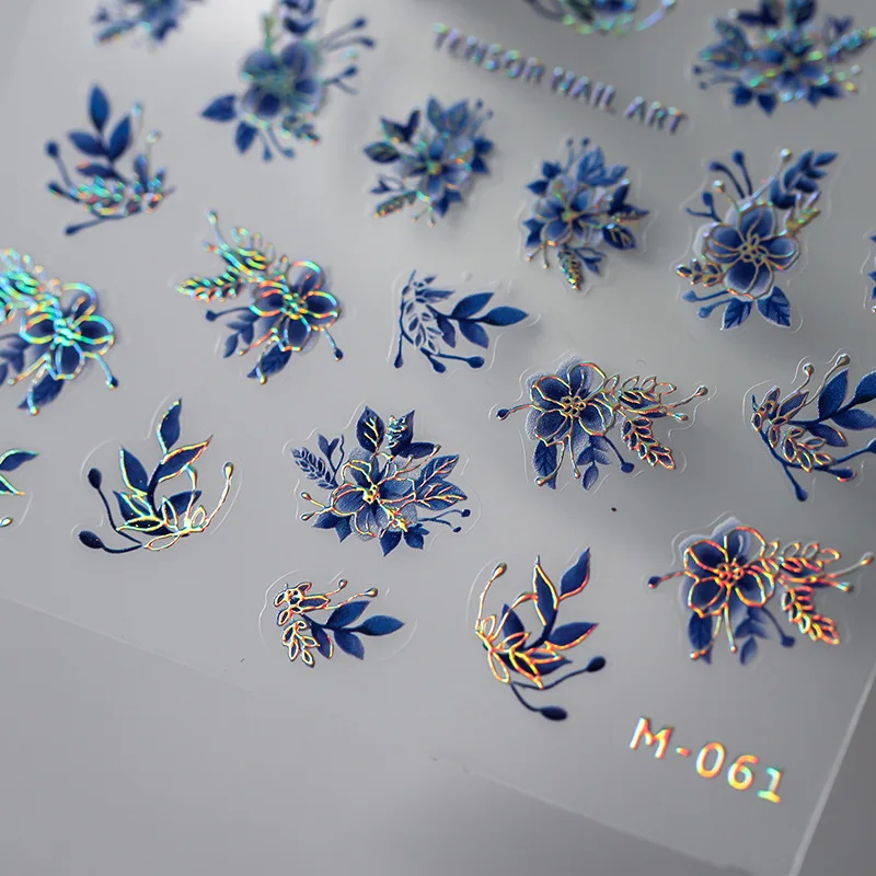 Acrylic Engraved Nail Sticker Holographi Blue Flowers Gold Line Self-Adhesive Nail Transfer Sliders Wraps Manicures Foils Z0661