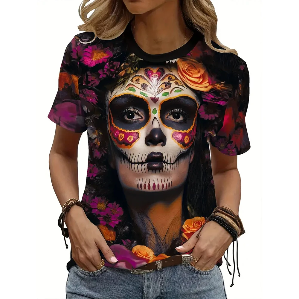 

Fashion Skull Printed Women's Short Sleeve T-Shirts Dark Style Round Neck Casual Tops Summer Breathable Pullovers Tees Clothing