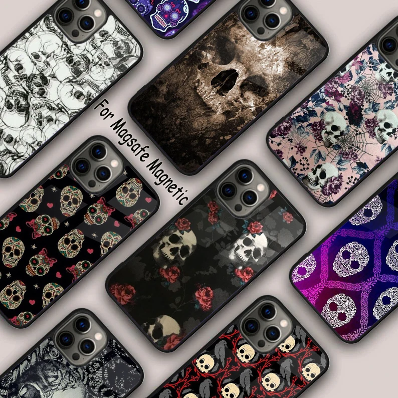 Our Goth Skeleton & Flower Pattern Magnetic Phone Case For APPLE iPhone 16 14 13 12 11 Pro Max 15 Plus Wireless MagSafe Cover