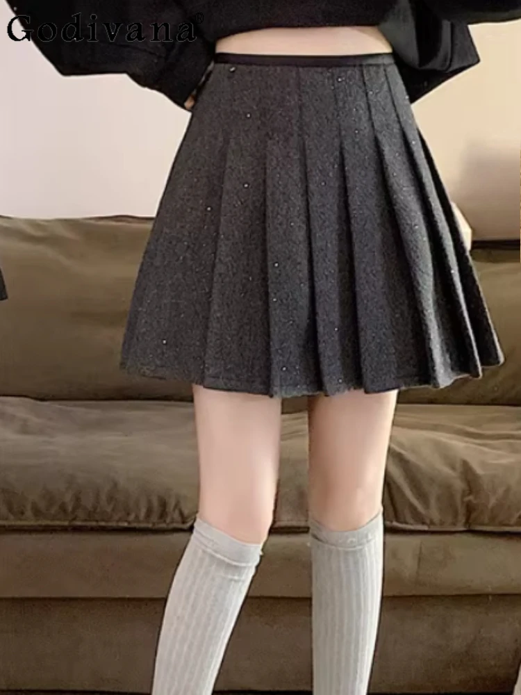 

Plus Size Autumn Winter New Woolen Pleated Skirt Fashion Female High Waist College A-line Sweet Age-reducing Japanese Jk Skirts
