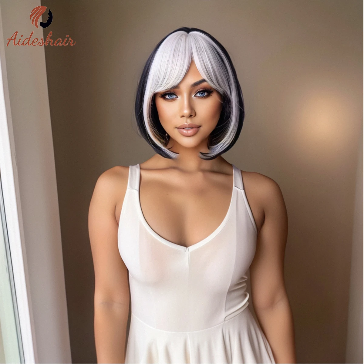 

Белый и черный парик длиной до плеч Боб. Парик из натурального синтетического термостойкого волокна для ежедневного использования на вечеринке.