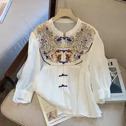2023 New Arrival Vintage White Embroidered Shirt for Pregnant Women Casual Chinese Style Outerwear Cardigan Maternity Top LF080