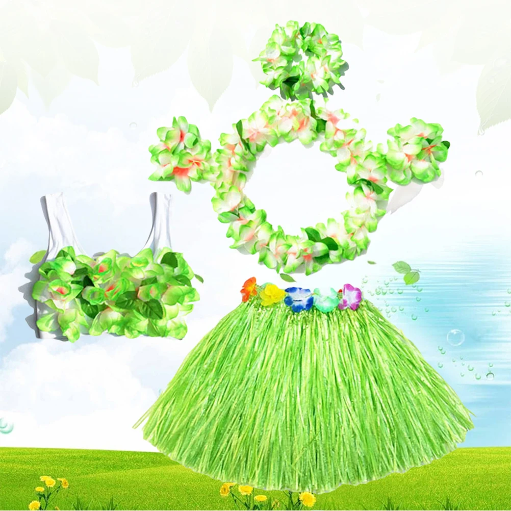 

6Pcs Hawaii Hula Dress Set Kids Tropical Grass Skirt Flower Accessories Headband Necklace Bra Bracelets Luau Party Wear