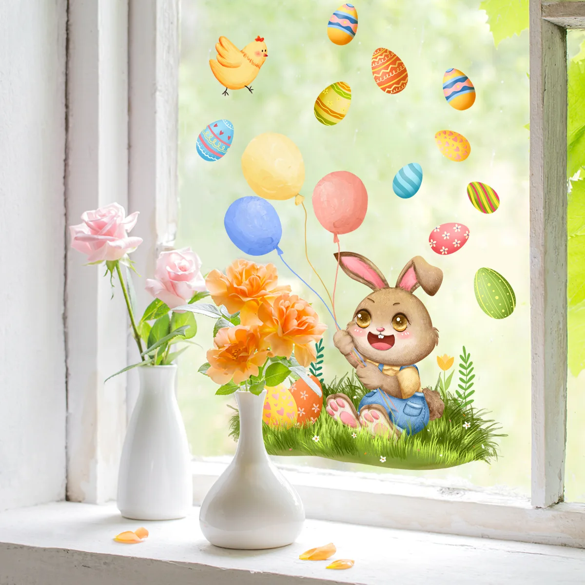 30*60cm Rabbit Balloon Egg Easter Cartoon Wall Sticker Living Room Bedroom Study Restaurant Window Room Decorative Wall Sticker