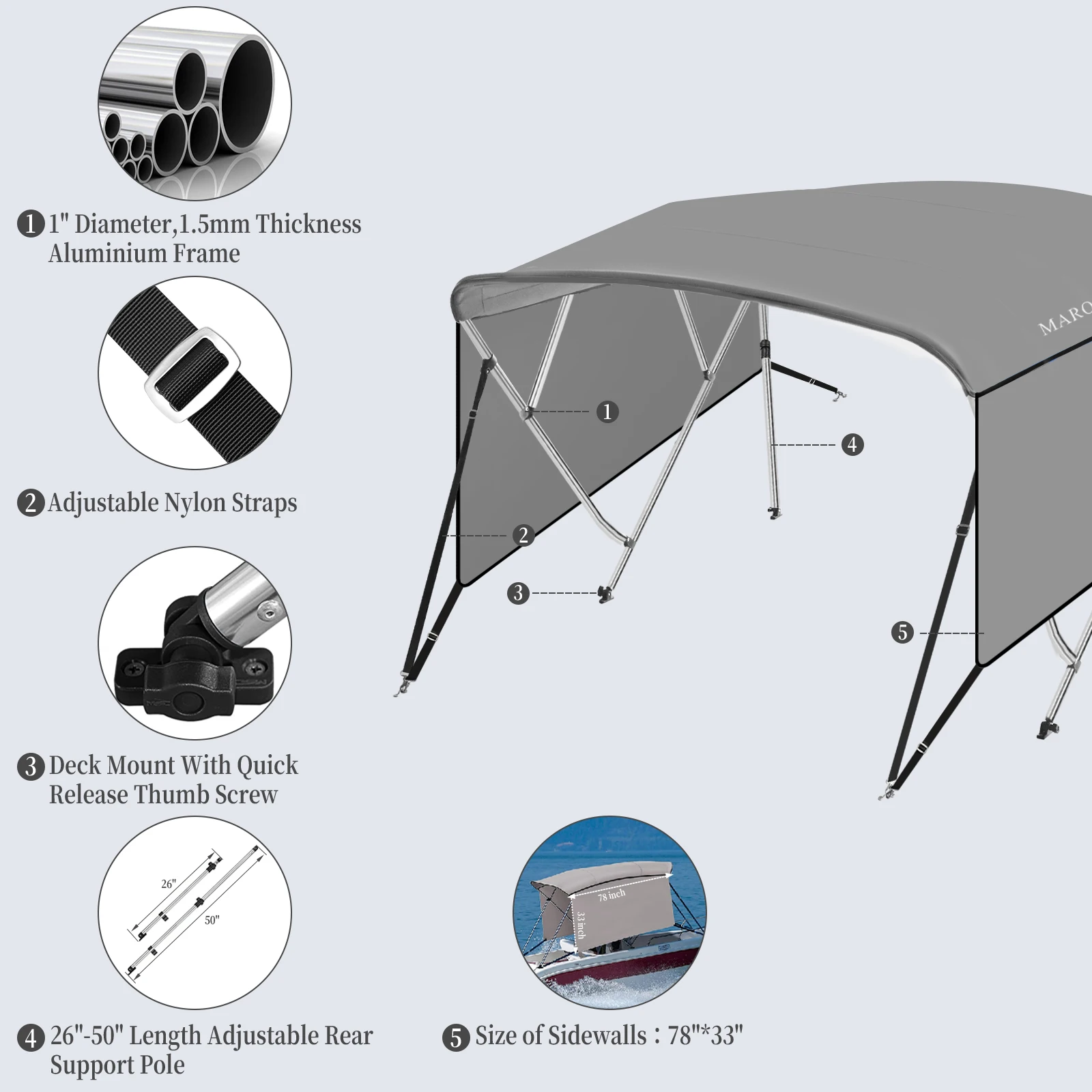 Cubierta superior de barco Bimini de 4 arcos 600D con marco de aleación de aluminio de 1 ", incluye 2 correas, 2 postes de soporte traseros ajustables, lona de revestimiento de PU