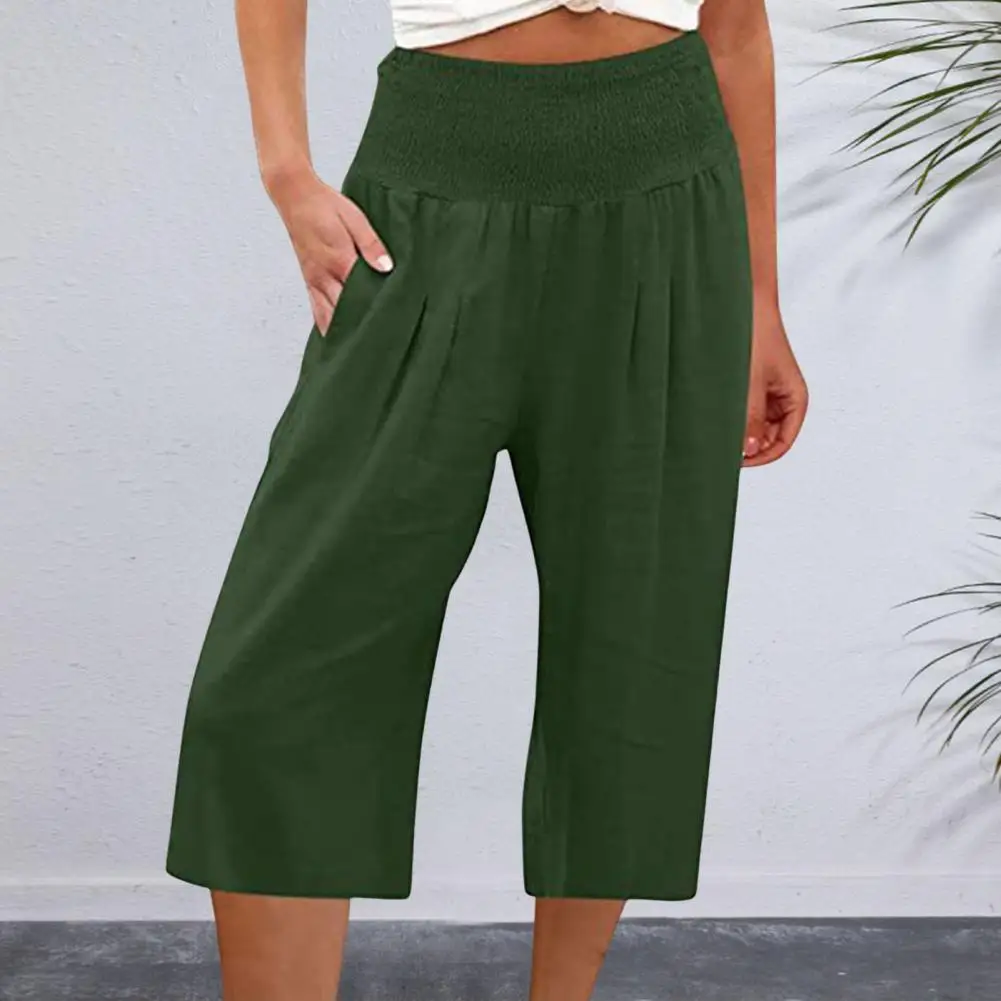 Mid-rise Wide-leg Pants Wide Leg Cropped Pants Stylish Elastic Waistband Trousers with Pockets for Women Lightweight High Waist