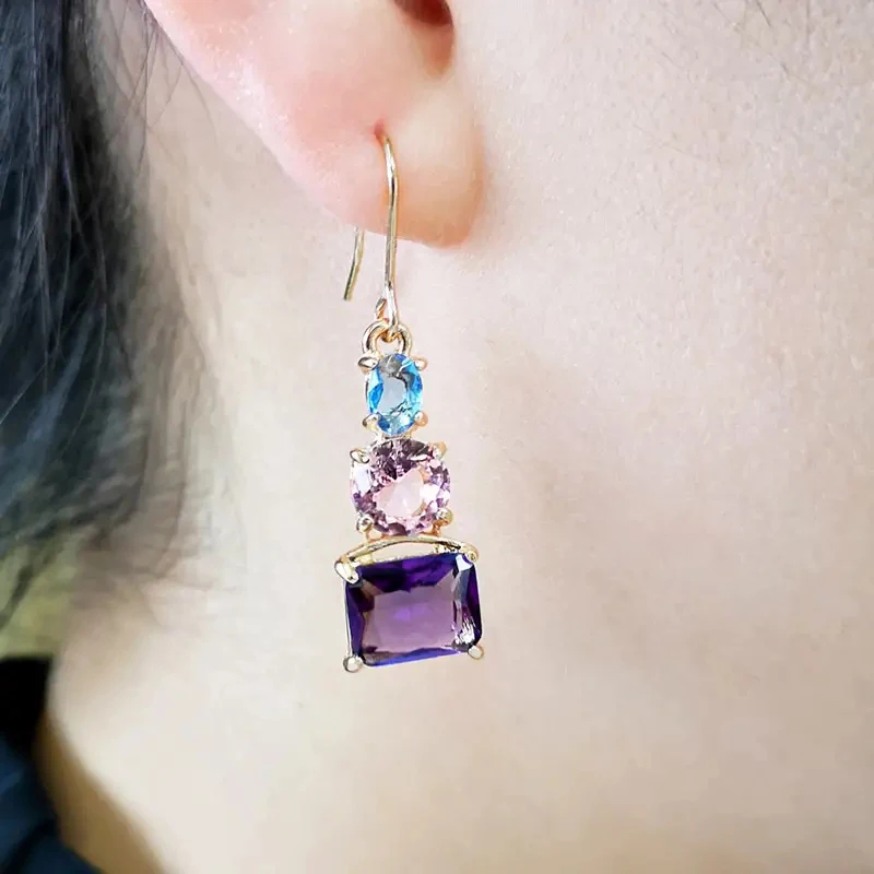 Huitan Blue/Pink/Purple CZ Dangle Earrings for Women New 2023 Colorful Earrings Wedding Party Temperament Lady\'s Ear Jewelry